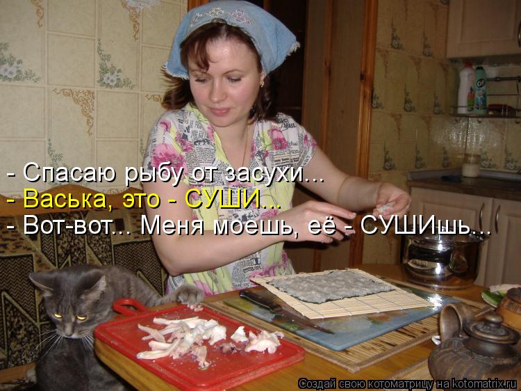 - Спасаю рыбу от засухи... - Васька, это - СУШИ... - Вот-вот... Меня моешь, её - СУШИшь...... Котоматрица: - Спасаю рыбу от засухи... - Васька, это - СУШИ... - Вот-вот... Меня моешь, её - СУШИшь...