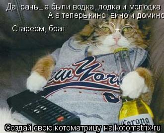 Котоматрица: Да, раньше были водка, лодка и молодка. А а теперь кино, вино и домино. Стареем, брат.