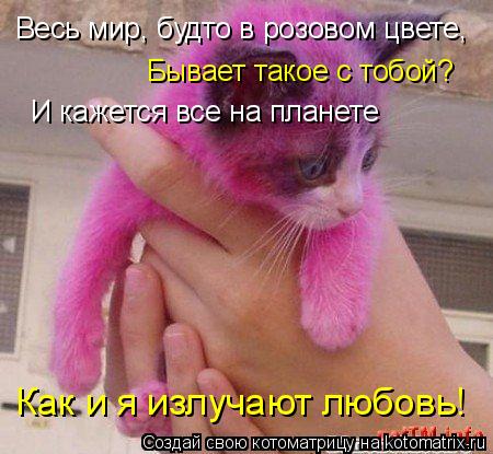 Весь мир, будто в розовом цвете, Бывает такое с тобой? И кажется все на планете Как и я излучают любо... Котоматрица: Весь мир, будто в розовом цвете, Бывает такое с тобой? И кажется все на планете Как и я излучают любовь!