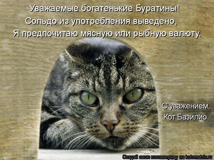 Уважаемые богатенькие Буратины! Сольдо из употребления выведено, Я предпочитаю мясную или рыбную валю... Котоматрица: Уважаемые богатенькие Буратины! Сольдо из употребления выведено, Я предпочитаю мясную или рыбную валюту. С уважением, Кот Базилио