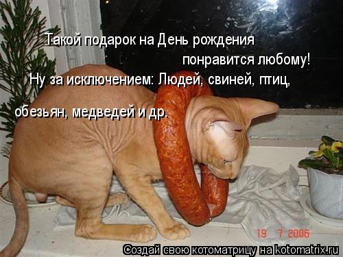 Такой подарок на День рождения понравится любому! Ну за исключением: Людей, свиней, птиц, обезьян, ... Котоматрица: Такой подарок на День рождения понравится любому! Ну за исключением: Людей, свиней, птиц, обезьян, медведей и др.