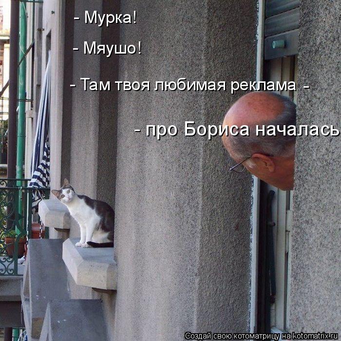 - Мурка! - Мяушо! - Там твоя любимая реклама - про Бориса началась. -... Котоматрица: - Мурка! - Мяушо! - Там твоя любимая реклама - про Бориса началась. -