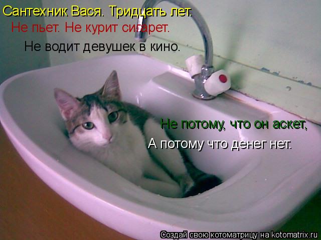 Сантехник Вася. Тридцать лет. Не пьет. Не курит сигарет. Не водит девушек в кино. Не потому, что он а... Котоматрица: Сантехник Вася. Тридцать лет. Не пьет. Не курит сигарет. Не водит девушек в кино. Не потому, что он аскет, А потому что денег нет.