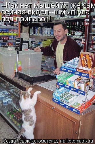--Как нет мышей?Я же сам сейчас видел--шмыгнула под прилавок!... Котоматрица: --Как нет мышей?Я же сам сейчас видел--шмыгнула под прилавок!