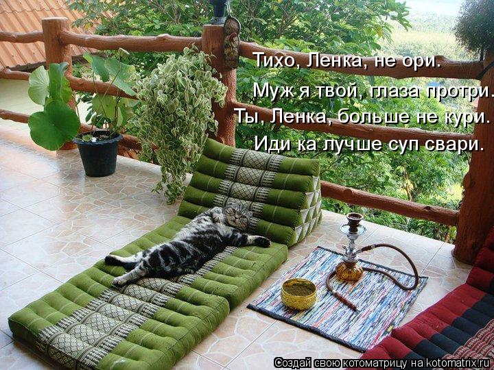 Тихо, Ленка, не ори. Муж я твой, глаза протри. Ты, Ленка, больше не кури. Иди ка лучше суп свари.... Котоматрица: Тихо, Ленка, не ори. Муж я твой, глаза протри. Ты, Ленка, больше не кури. Иди ка лучше суп свари.