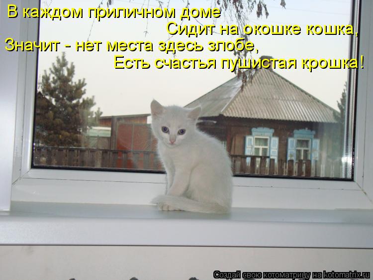 В каждом приличном доме Сидит на окошке кошка, Значит - нет места здесь злобе, Есть счастья пушистая ... Котоматрица: В каждом приличном доме Сидит на окошке кошка, Значит - нет места здесь злобе, Есть счастья пушистая крошка!