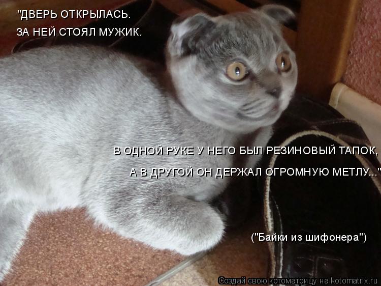 Котоматрица: "ДВЕРЬ ОТКРЫЛАСЬ.   ЗА НЕЙ СТОЯЛ МУЖИК.  В ОДНОЙ РУКЕ У НЕГО БЫЛ РЕЗИНОВЫЙ ТАПОК,    А В ДРУГОЙ ОН ДЕРЖАЛ ОГРОМНУЮ МЕТЛУ..." ("Байки из шифонера")
