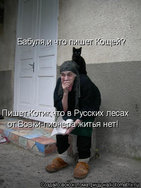 Бабуля,и что пишет Кощей? Пишет,Котик,что в Русских лесах от Вовки-пионера житья нет!... Котоматрица: Бабуля,и что пишет Кощей? Пишет,Котик,что в Русских лесах от Вовки-пионера житья нет!