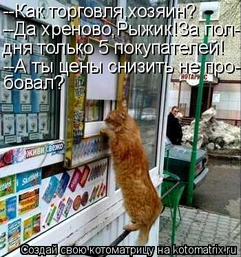 --Как торговля,хозяин? --Да хреново,Рыжик!За пол- дня только 5 покупателей! --А ты цены снизить не пр... Котоматрица: --Как торговля,хозяин? --Да хреново,Рыжик!За пол- дня только 5 покупателей! --А ты цены снизить не про- бовал?
