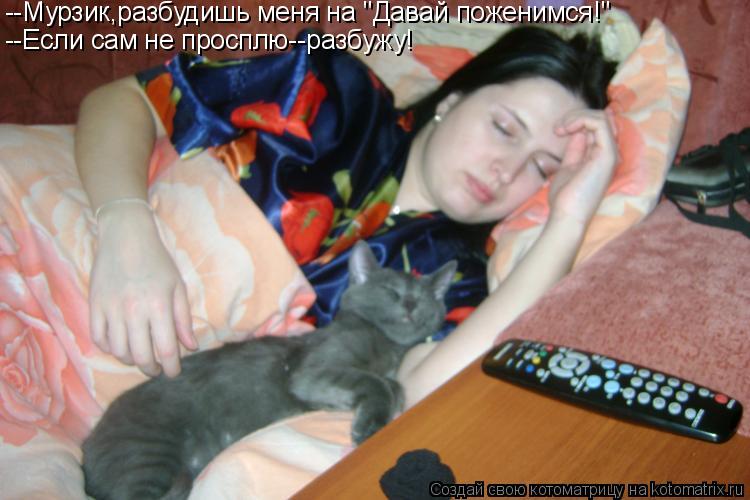 --Мурзик,разбудишь меня на "Давай поженимся!" --Если сам не просплю--разбужу!... Котоматрица: --Мурзик,разбудишь меня на "Давай поженимся!" --Если сам не просплю--разбужу!