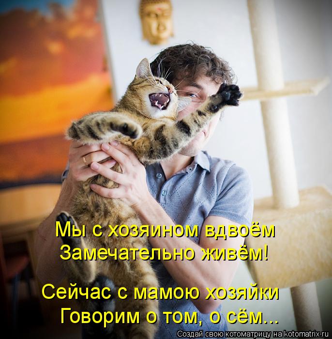 Мы с хозяином вдвоём Замечательно живём! Сейчас с мамою хозяйки Говорим о том, о сём...... Котоматрица: Мы с хозяином вдвоём Замечательно живём! Сейчас с мамою хозяйки Говорим о том, о сём...