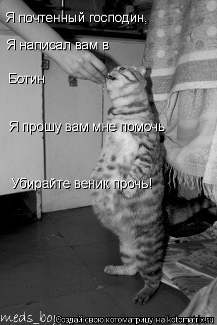 Я почтенный господин, Я написал вам в Ботин Я прошу вам мне помочь Убирайте веник прочь!... Котоматрица: Я почтенный господин, Я написал вам в Ботин Я прошу вам мне помочь Убирайте веник прочь!
