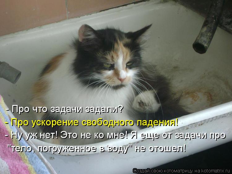 - Про что задачи задали? - Про ускорение свободного падения! - Ну уж нет! Это не ко мне! Я еще от за... Котоматрица: - Про что задачи задали? - Про ускорение свободного падения! - Ну уж нет! Это не ко мне! Я еще от задачи про "тело, погруженное в воду" не отошел!