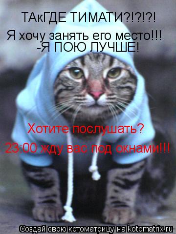 Котоматрица: ТАкГДЕ ТИМАТИ?!?!?! Я хочу занять его место!!! -Я ПОЮ ЛУЧШЕ! Хотите послушать? 23:00 жду вас под окнами!!!