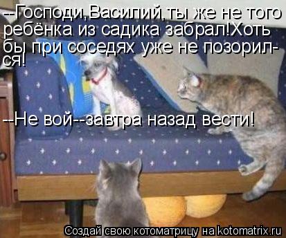 Котоматрица: --Господи,Василий,ты же не того ребёнка из садика забрал!Хоть бы при соседях уже не позорил- ся! --Не вой--завтра назад вести!