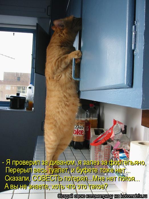 - Я проверил за диваном, я залез за фортепьяно, Перерыл весь туалет, и буфете тоже нет... Сказали, СО... Котоматрица: - Я проверил за диваном, я залез за фортепьяно, Перерыл весь туалет, и буфете тоже нет... Сказали, СОВЕСТЬ потерял...Мне нет покоя... А вы не знае