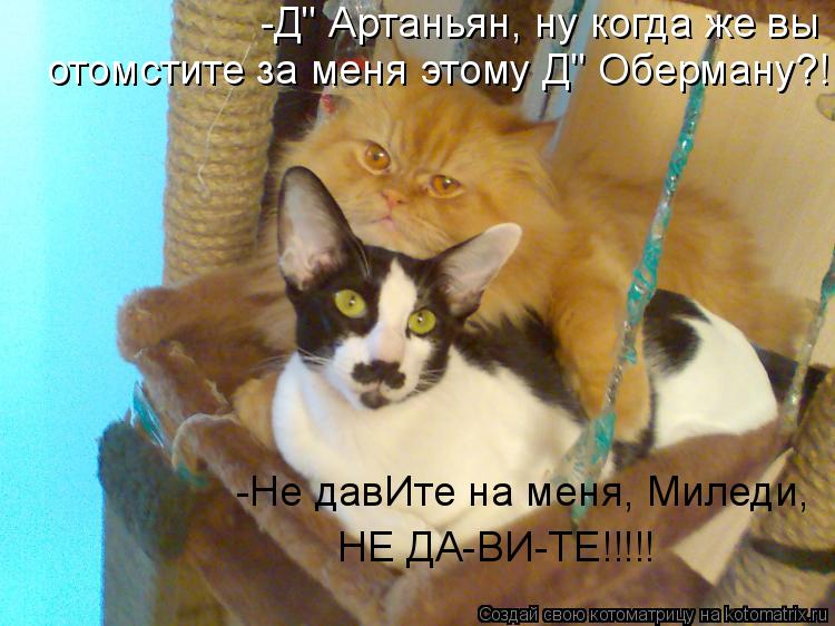 -Д" Артаньян, ну когда же вы отомстите за меня этому Д" Оберману?! -Не давИте на меня, Миледи, НЕ ДА... Котоматрица: -Д" Артаньян, ну когда же вы отомстите за меня этому Д" Оберману?! -Не давИте на меня, Миледи, НЕ ДА-ВИ-ТЕ!!!!!