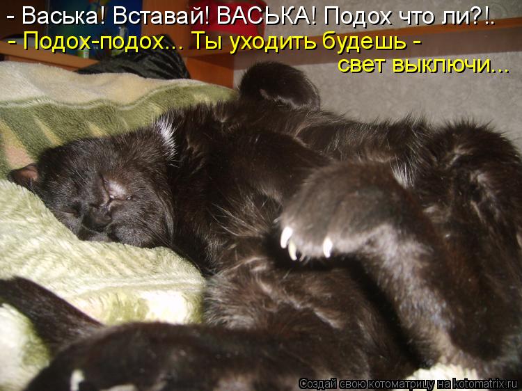 - Васька! Вставай! ВАСЬКА! Подох что ли?!. - Подох-подох... Ты уходить будешь - свет выключи...... Котоматрица: - Васька! Вставай! ВАСЬКА! Подох что ли?!. - Подох-подох... Ты уходить будешь - свет выключи...