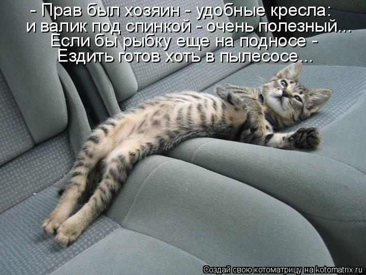 - Прав был хозяин - удобные кресла: и валик под спинкой - очень полезный... Если бы рыбку еще на подн... Котоматрица: - Прав был хозяин - удобные кресла: и валик под спинкой - очень полезный... Если бы рыбку еще на подносе - Ездить готов хоть в пылесосе...