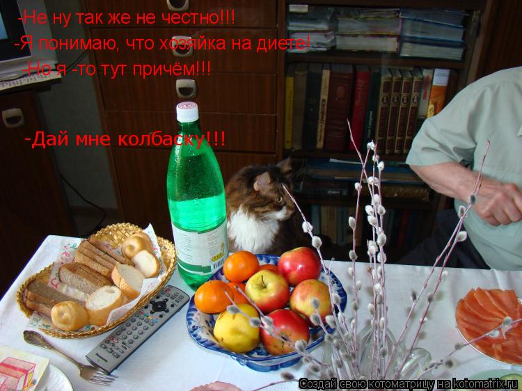 -Не ну так же не честно!!! -Я понимаю, что хозяйка на диете! -Но я -то тут причём!!! -Дай мне колбаск... Котоматрица: -Не ну так же не честно!!! -Я понимаю, что хозяйка на диете! -Но я -то тут причём!!! -Дай мне колбаску!!!