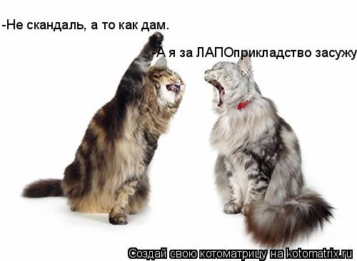 -Не скандаль, а то как дам. -А я за ЛАПОприкладство засужу... Котоматрица: -Не скандаль, а то как дам. -А я за ЛАПОприкладство засужу
