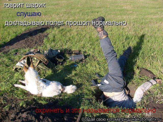 говрит шарик слушаю докладываю:полет прошол нормально охринеть и это называется нормально... Котоматрица: говрит шарик слушаю докладываю:полет прошол нормально охринеть и это называется нормально