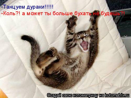 -Танцуем дураки!!!!! -Танцуем дураки!!!!! -Коль?! а может ты больше бухать не будешь?!... Котоматрица: -Танцуем дураки!!!!! -Танцуем дураки!!!!! -Коль?! а может ты больше бухать не будешь?!