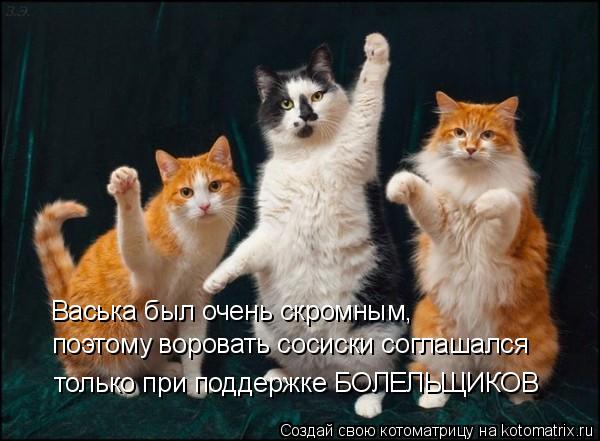Васька был очень скромным, поэтому воровать сосиски соглашался только при поддержке БОЛЕЛЬЩИКОВ... Котоматрица: Васька был очень скромным, поэтому воровать сосиски соглашался только при поддержке БОЛЕЛЬЩИКОВ