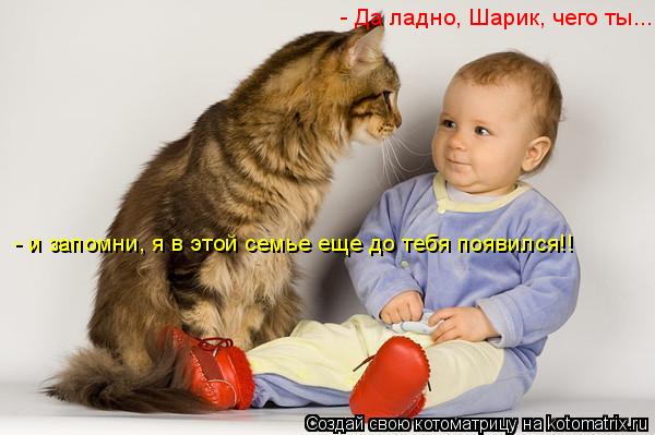 - и запомни, я в этой семье еще до тебя появился!! - Да ладно, Шарик, чего ты...... Котоматрица: - и запомни, я в этой семье еще до тебя появился!! - Да ладно, Шарик, чего ты...