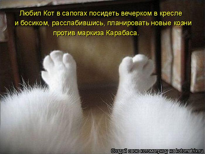 Любил Кот в сапогах посидеть вечерком в кресле и босиком, расслабившись, планировать новые козни прот... Котоматрица: Любил Кот в сапогах посидеть вечерком в кресле и босиком, расслабившись, планировать новые козни против маркиза Карабаса.