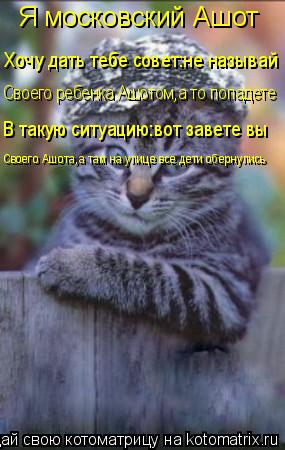 Я московский Ашот Хочу дать тебе совет:не называй Своего ребенка Ашотом,а то попадете В такую ситуац... Котоматрица: Я московский Ашот Хочу дать тебе совет:не называй Своего ребенка Ашотом,а то попадете В такую ситуацию:вот завете вы Своего Ашота,а там на у