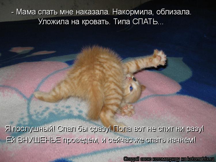 - Мама спать мне наказала. Накормила, облизала. Уложила на кровать. Типа СПАТЬ... Я послушный! Спал ... Котоматрица: - Мама спать мне наказала. Накормила, облизала. Уложила на кровать. Типа СПАТЬ... Я послушный! Спал бы сразу! Попа вот не спит ни разу! Ей ВНУШЕ