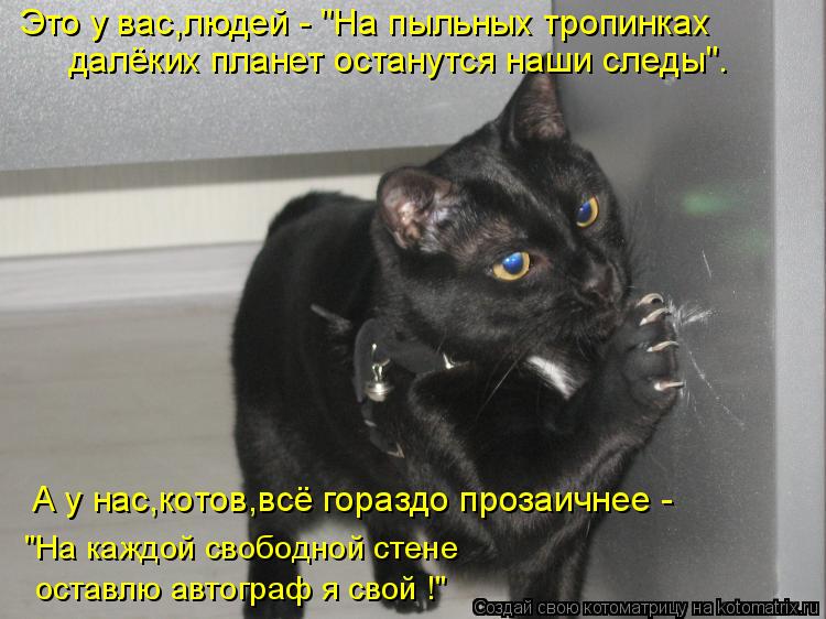 Это у вас,людей - "На пыльных тропинках далёких планет останутся наши следы". "На каждой свободной ст... Котоматрица: Это у вас,людей - "На пыльных тропинках далёких планет останутся наши следы". "На каждой свободной стене оставлю автограф я свой !" А у нас,кот