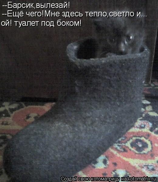 --Барсик,вылезай! --Ещё чего!Мне здесь тепло,светло и... ой! туалет под боком!... Котоматрица: --Барсик,вылезай! --Ещё чего!Мне здесь тепло,светло и... ой! туалет под боком!
