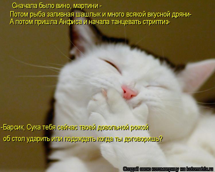 Сначала было вино, мартини - Потом рыба заливная шашлык и много всякой вкусной дряни- А потом пришла ... Котоматрица: Сначала было вино, мартини - Потом рыба заливная шашлык и много всякой вкусной дряни- А потом пришла Анфиса и начала танцевать стриптиз- -Бар