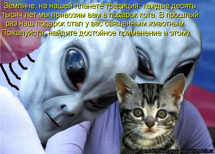 Котоматрица: Земляне, на нашей планете традиция: каждые десять тысяч лет мы привозим вам в подарок кота. В прошлый раз наш подарок стал у вас священным жи