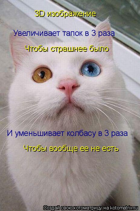 Увеличивает тапок в 3 раза Чтобы страшнее было И уменьшивает колбасу в 3 раза 3D изображение Чтобы во... Котоматрица: Увеличивает тапок в 3 раза Чтобы страшнее было И уменьшивает колбасу в 3 раза 3D изображение Чтобы вообще ее не есть