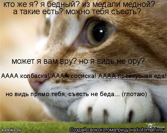 кто же я? я бедный? из медали медной? а такие есть? можно тебя съесть? может я вам вру? но я видь не ... Котоматрица: кто же я? я бедный? из медали медной? а такие есть? можно тебя съесть? может я вам вру? но я видь не ору? но видь прямо тебя, съесть не беда... (гло