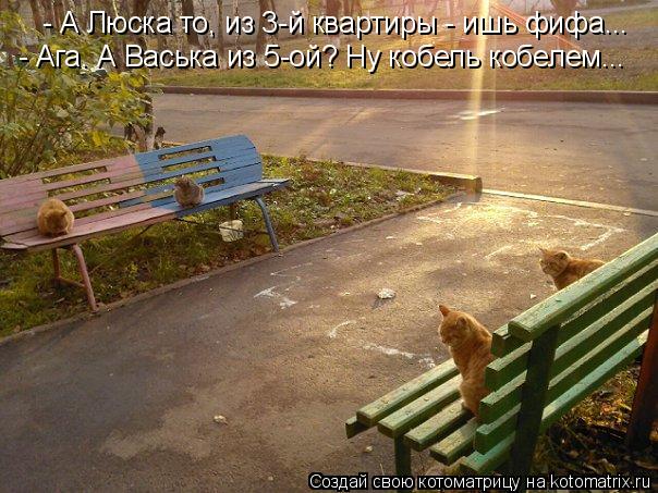 - А Люска то, из 3-й квартиры - ишь фифа... - Ага. А Васька из 5-ой? Ну кобель кобелем...... Котоматрица: - А Люска то, из 3-й квартиры - ишь фифа... - Ага. А Васька из 5-ой? Ну кобель кобелем...