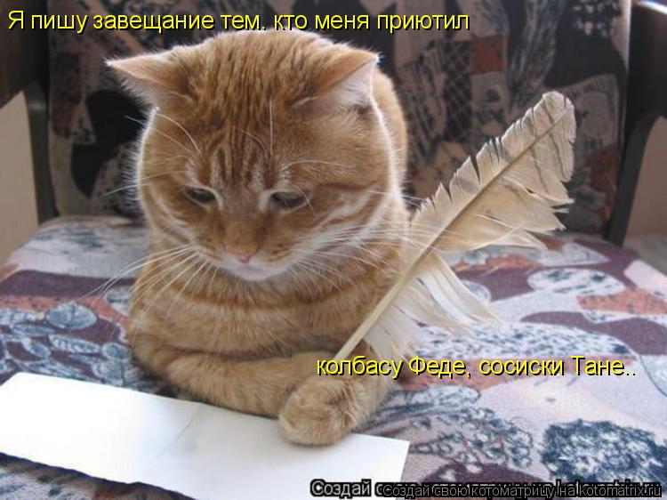 Котоматрица: Я пишу завещание тем. кто меня приютил колбасу Феде, сосиски Тане..