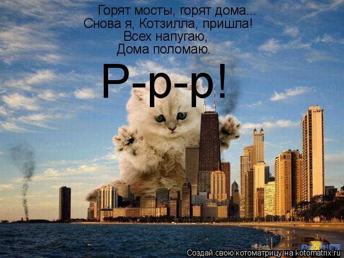 Котоматрица: Горят мосты, горят дома... Снова я, Котзилла, пришла! Всех напугаю, Дома поломаю. Р-р-р!