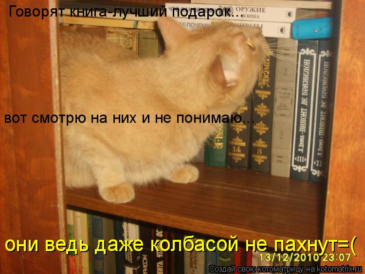 Котоматрица: Говорят книга-лучший подарок... вот смотрю на них и не понимаю... они ведь даже колбасой не пахнут=(