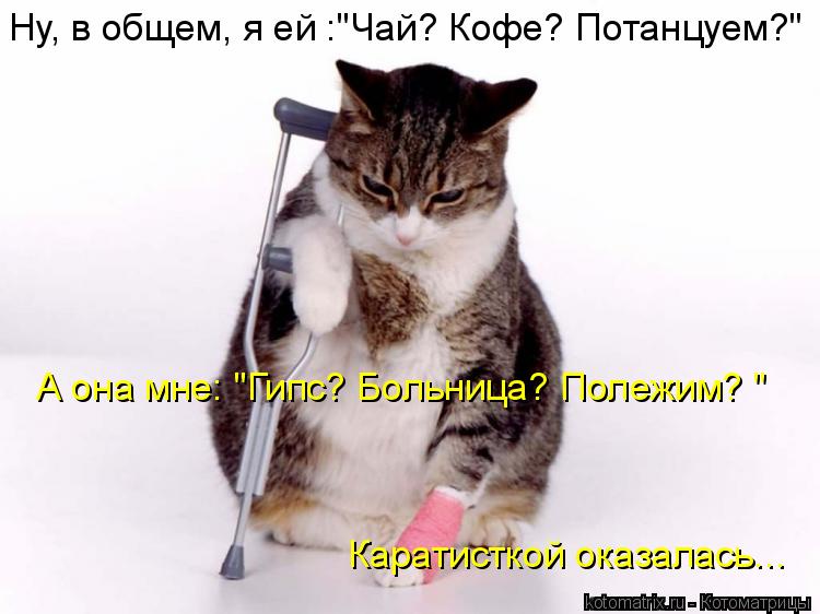 Котоматрица: Ну, в общем, я ей :"Чай? Кофе? Потанцуем?" А она мне: "Гипс? Больница? Полежим? "  Каратисткой оказалась...