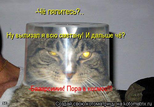 Котоматрица: -Чё пялитесь?.. Ну вылизал я всю сметану! И дальше чё? -Бааарсииик! Пора в космос!!!