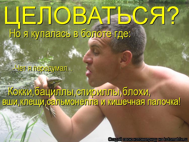 Котоматрица: ЦЕЛОВАТЬСЯ? Но я купалась в болоте где: Кокки,бациллы,спириллы,блохи, вши,клещи,сальмонелла и кишечная палочка! -Чет я передумал...