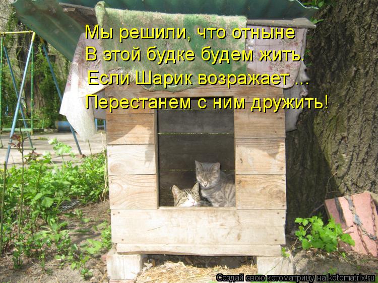Мы решили, что отныне В этой будке будем жить. Если Шарик возражает ... Перестанем с ним дружить!... Котоматрица: Мы решили, что отныне В этой будке будем жить. Если Шарик возражает ... Перестанем с ним дружить!