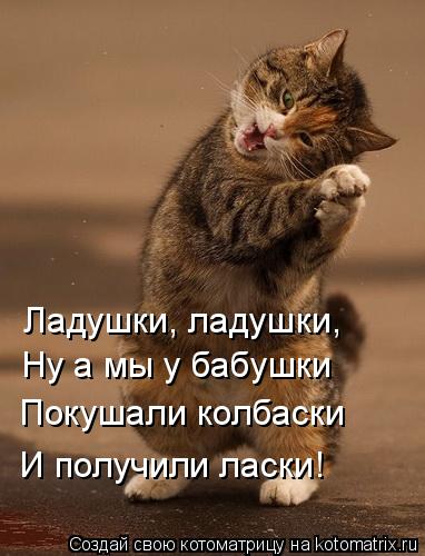 Ладушки, ладушки, Ну а мы у бабушки Покушали колбаски И получили ласки!... Котоматрица: Ладушки, ладушки, Ну а мы у бабушки Покушали колбаски И получили ласки!