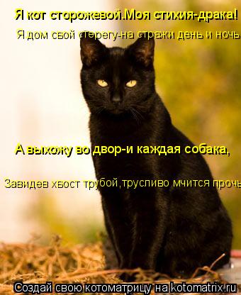 Я кот сторожевой.Моя стихия-драка! Я дом свой стерегу-на стражи день и ночь А выхожу во двор-и каж... Котоматрица: Я кот сторожевой.Моя стихия-драка! Я дом свой стерегу-на стражи день и ночь А выхожу во двор-и каждая собака, Завидев хвост трубой,труслив