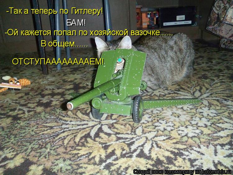 -Так а теперь по Гитлеру! БАМ! -Ой кажется попал по хозяйской вазочке...... В общем...... ОТСТУПААААА... Котоматрица: -Так а теперь по Гитлеру! БАМ! -Ой кажется попал по хозяйской вазочке...... В общем...... ОТСТУПААААААААЕМ!