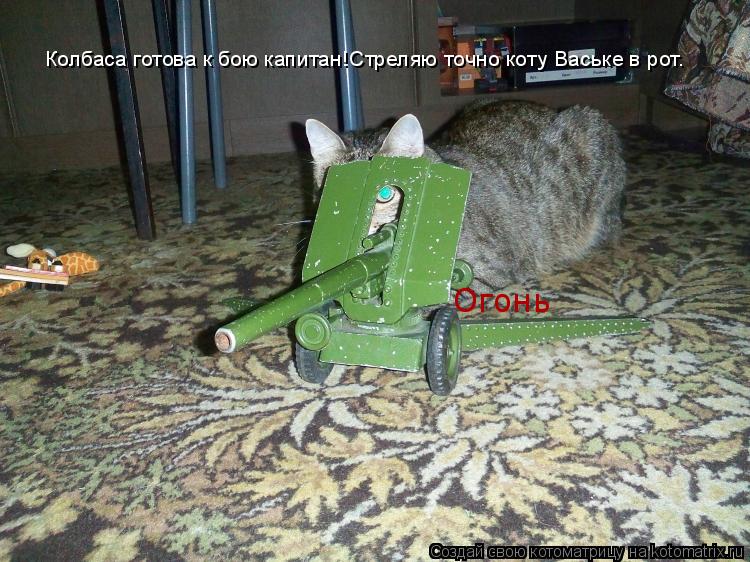 Колбаса готова к бою капитан!Стреляю точно коту Ваське в рот. Огонь... Котоматрица: Колбаса готова к бою капитан!Стреляю точно коту Ваське в рот. Огонь